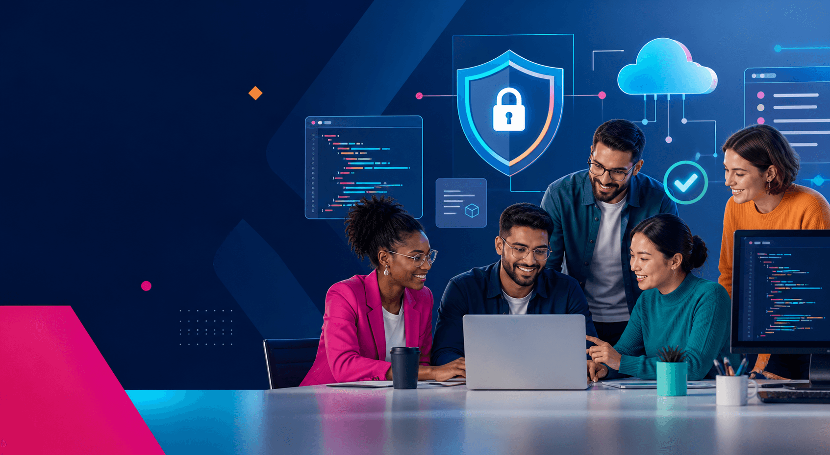 A diverse technology team reviewing secure software together