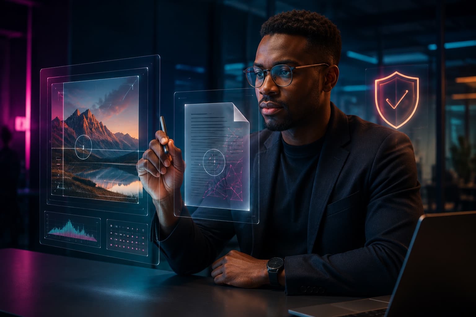 A KIR technology specialist reviewing an image and digital document for integrity signals