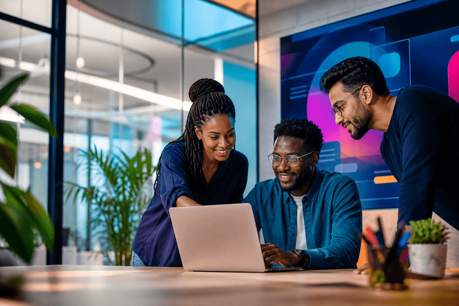 A diverse technology team collaborating around a laptop